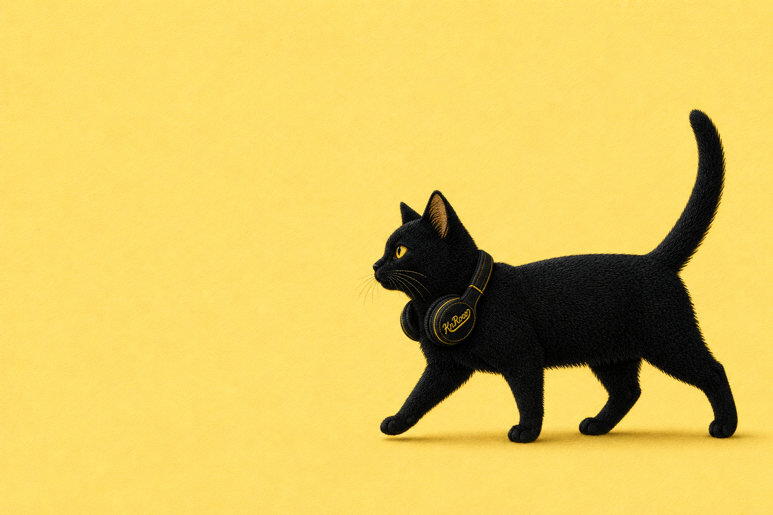 ヘッドホンを付けたKnRocoの黒猫